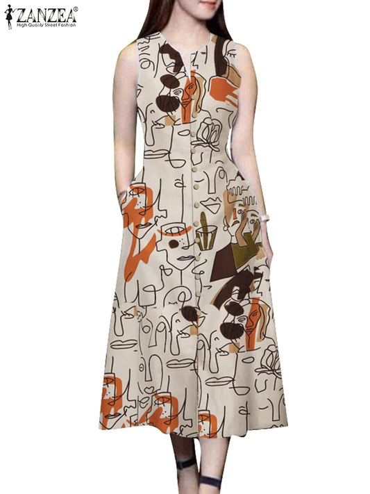 ZANZEA Elegante Damen-Midikleider, Sommer, ärmellos, Party-Sommerkleid, stilvoll, V-Ausschnitt, Urlaub, Arbeit, Vestidos, bedruckt, A-Linien-Kleid
