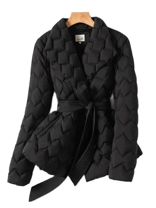 Leichte Daunen jacke mit Gürtel Frauen eleganter Krawatten gürtel lange Baumwolle weiße Ente Daunen Parka weibliche Damen Jacken Winter neu 2024