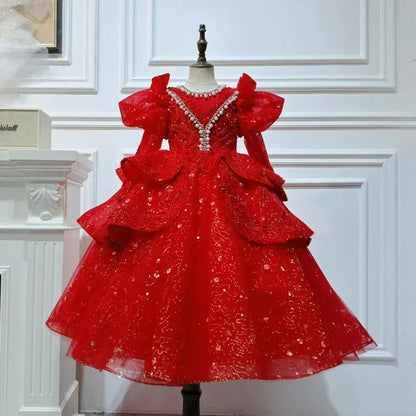 2025, Kinderkleid, Performance-Outfit, Mädchen, Blumen-Pailletten, geschwollenes Kleid, rote Partykleidung, Kinder, Mädchen, Geburtstag, Prinzessinnenkleider, glitzernd