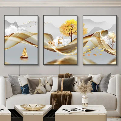 3 Pieces Nordic Luxury Ribbon Abstract Landscape Wall Art Canvas Paintings Modern Gold Deer Poster Print Picture for Home Decor.