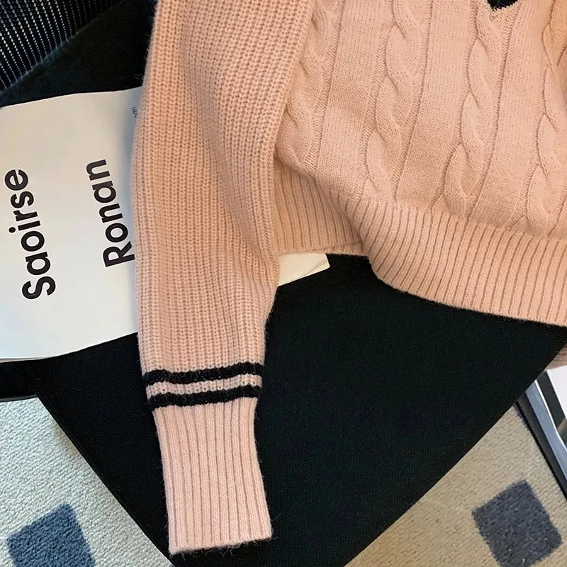 Koreanische Mode Pullover Frauen Herbst V-ausschnitt Y2K Cartoon Stickerei Gestrickte Tops Winter Weiche Grundlegende Langarm Pullover.