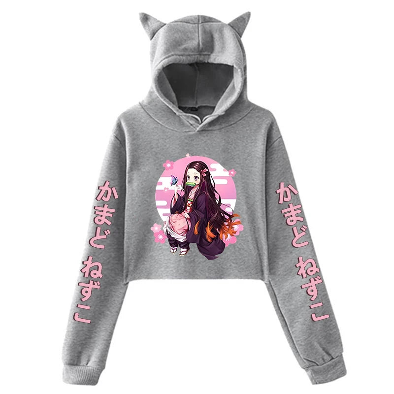 New Anime Kamado Nezuko Printing Cat Ear Hoodies Women Girls Fashion Streetwear Hoodies Sweatshirts Crop Top Pullover.
