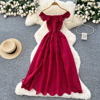 SINGREINY Schickes, ausgehöhltes Kleid mit Stickerei, Rüschen, Spleiß, schulterfrei, elastisch, gerüscht, schlank, 2025, solides, sanftes, langes Urlaubskleid.