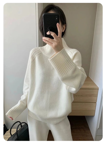 Zweiteiliger Anzug aus 100 % Merinowolle für Damen, O-Kragen-Pullover, Pullover, weites Bein, Hosen-Set, Herbst-Winter, lockere, bequeme Strickwaren