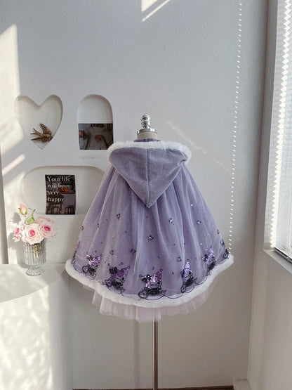 Anime Kuromi Lolita Kleid und Umhang Set Strickpullover Spleißen Mesh Prinzessin Kleid Partykleid Herbst Winter Urlaub Geschenk