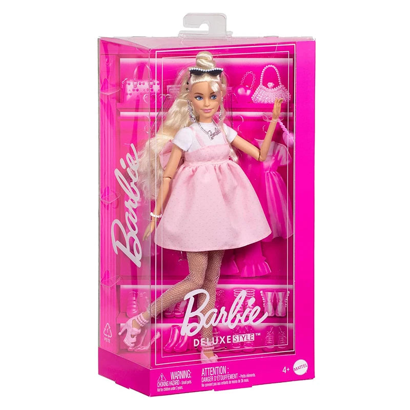 Barbie Deluxe Style Doll Blond Hair in Top Knot Pink Pastel Dress with Oversized Bow and Accessories Toy for Girl Gift HYV27.