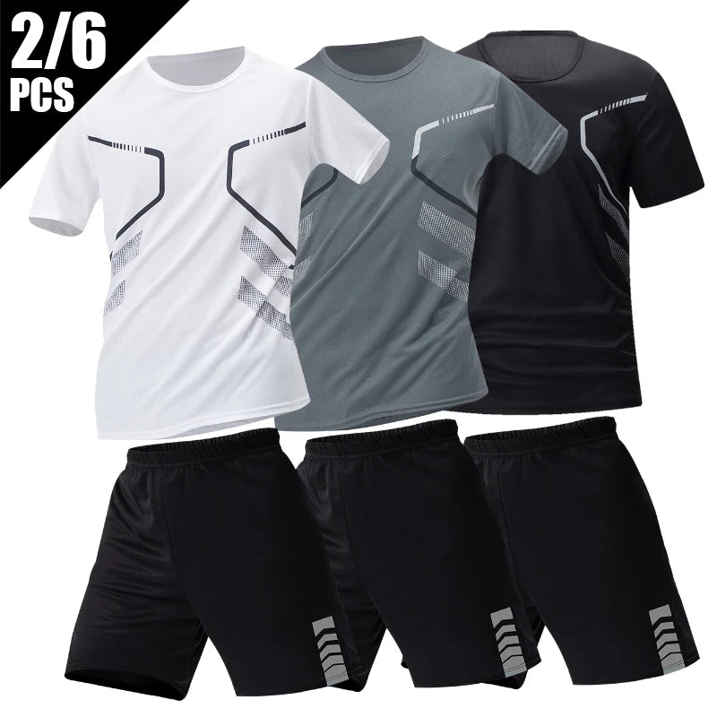 2/4/6 Pcs Plus Size Men's Quick-drying Short-sleeved Shorts Suit Men's Leisure Sports Running Fitness T-shirt Joker Shorts Teen.