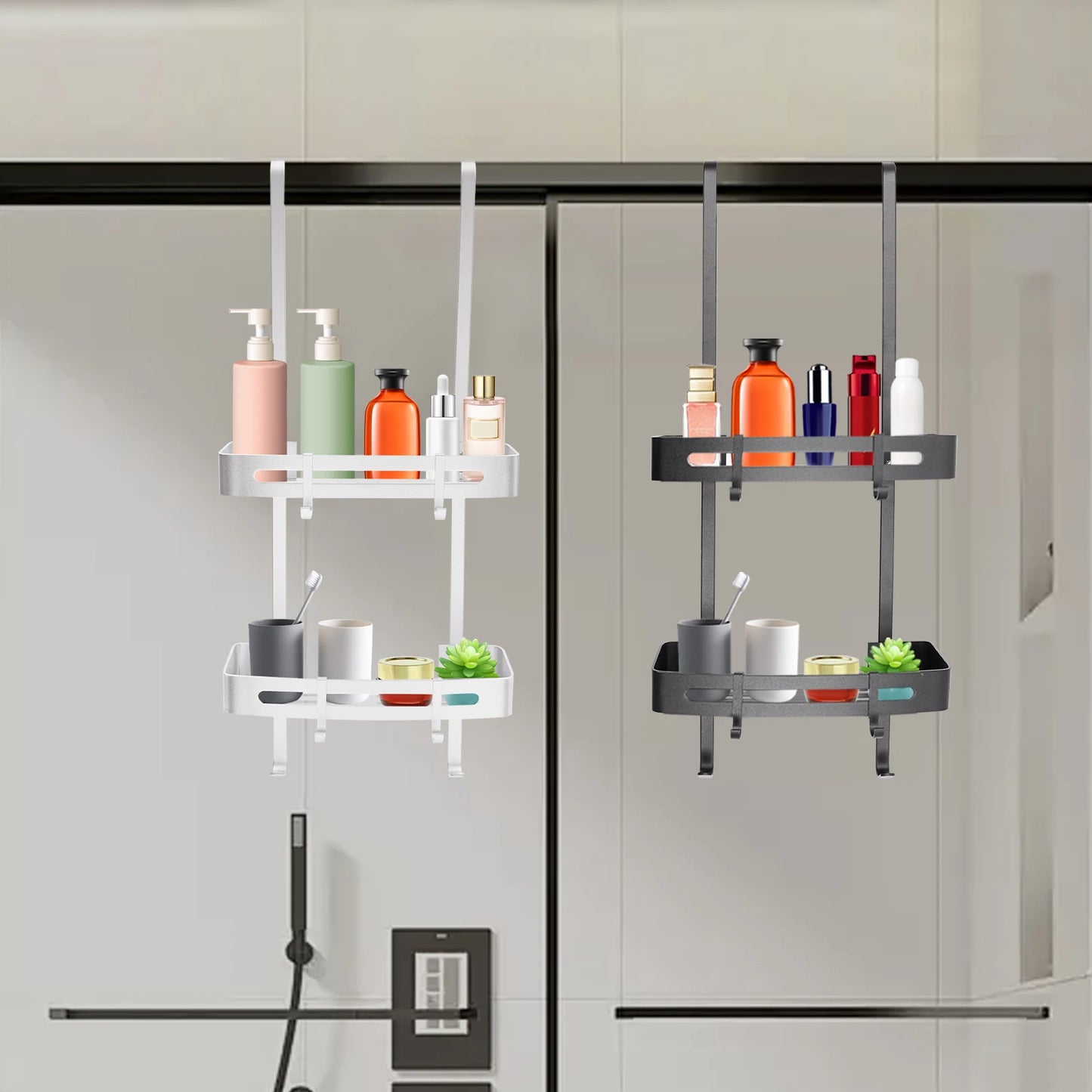 2-stufiges Badezimmerregal, hängendes Duschregal, silberfarbenes/schwarzes Regal, 6 Haken für Badezimmer, Küche, Wohnzimmer