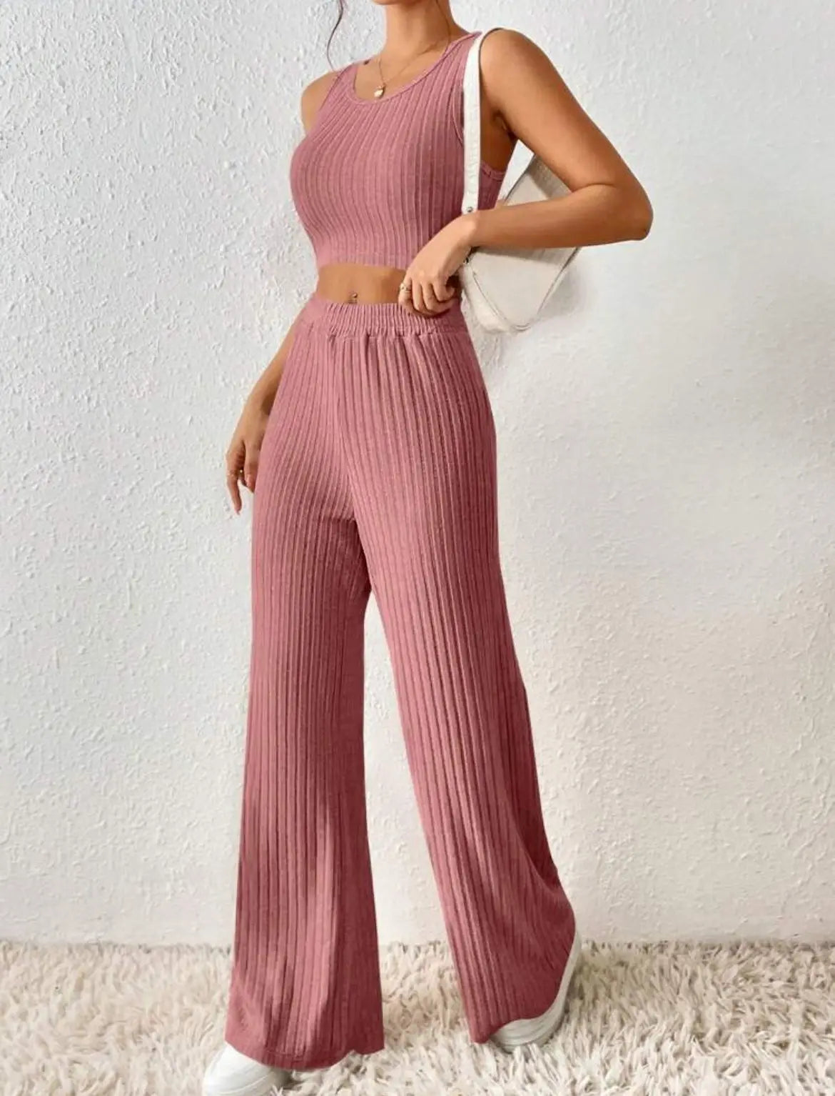 New Spring Solid Color Fashion Casual Knitted Cotton Waist Sleeveless Tank Top High Waist Pants Set For Women's Clothing.