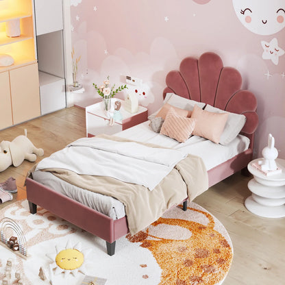 Rosahqnda Kinderbett 90x200 cm, blütenblattförmiges Kopfteil, gepolstertes Einzelbett für Kinder- und Mädchenschlafzimmer, Rosa/Beige