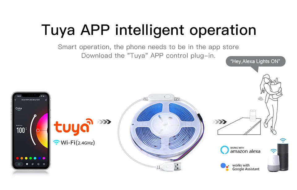 Tuya Wifi RGB /White/Warm White COB LED Strip Light Silica Gel Tube Tape Linear Dimmable Lighting work with Alexa Google Home.