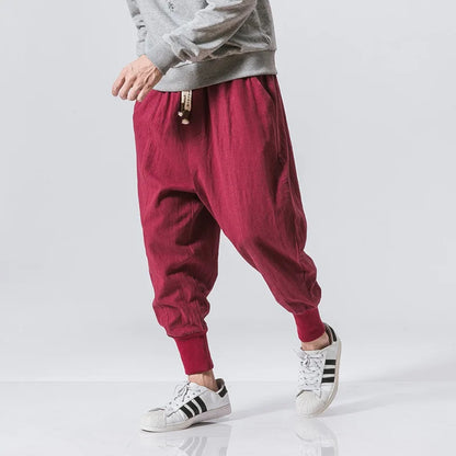 Cotton Linen Harem Pants Men Solid Elastic Waist Streetwear Joggers 2024 New Baggy Drop-crotch Pants Casual Trousers Men.