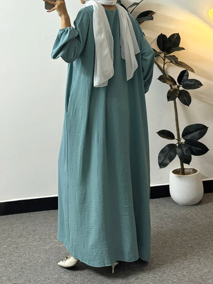 Full Sleeve Loose Maxi Prayer Dress Muslim Modest Dresses Jilbabs Casual Solid Pockets Robe Long Ramadan Dress Women Abayas.