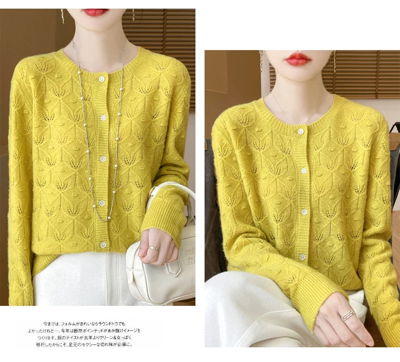 2024 Autumn And Winter New Round Neck Hollowed Out 100 Wool Knitted Cardigan Women's Versatile Coat Loose Casual Sweater DMR281