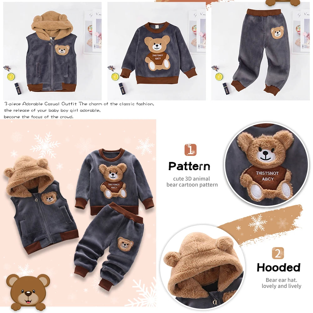 3PCS Winter Autumn Toddler Baby Boys Girls Clothes Baby Sweaters Coat +Pants +Hooded Vest Outfit Set Infant Warm Clothing Suits.