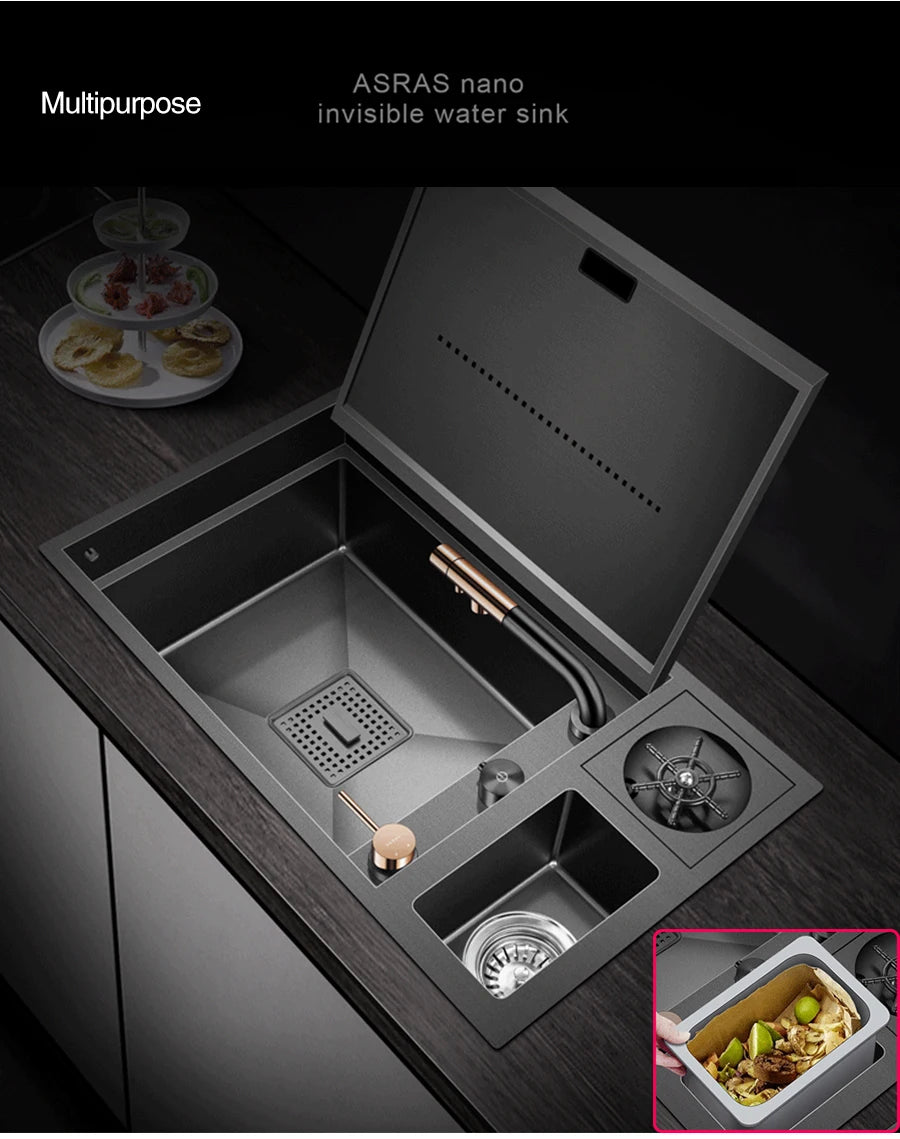 ASRAS Nanometer Hidden Flip Cover kitchen Island Sink 4mm Thickness Handmade Cup Rinser And Trash Can Kitchen Sinks