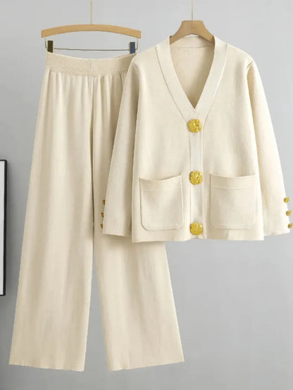 2 Piece Sets Muslim Ensemble Knitting Outfits Women Cardigan Sweater Buttons Pockets Knit Wide Leg Pants Suit Casual Knitwear