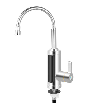360° Rotating Electric Water Heater Faucet,Stainless Steel Hot Water Faucet W/ Inlet & Outlet Pipes and LED Display,Silver