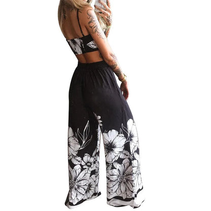 Sexy Two Piece Set Women Outfit 2025 Summer Butterfly Print V-Neck Cropped Top High Waist Drawstring Casual Wide Leg Pants Sets