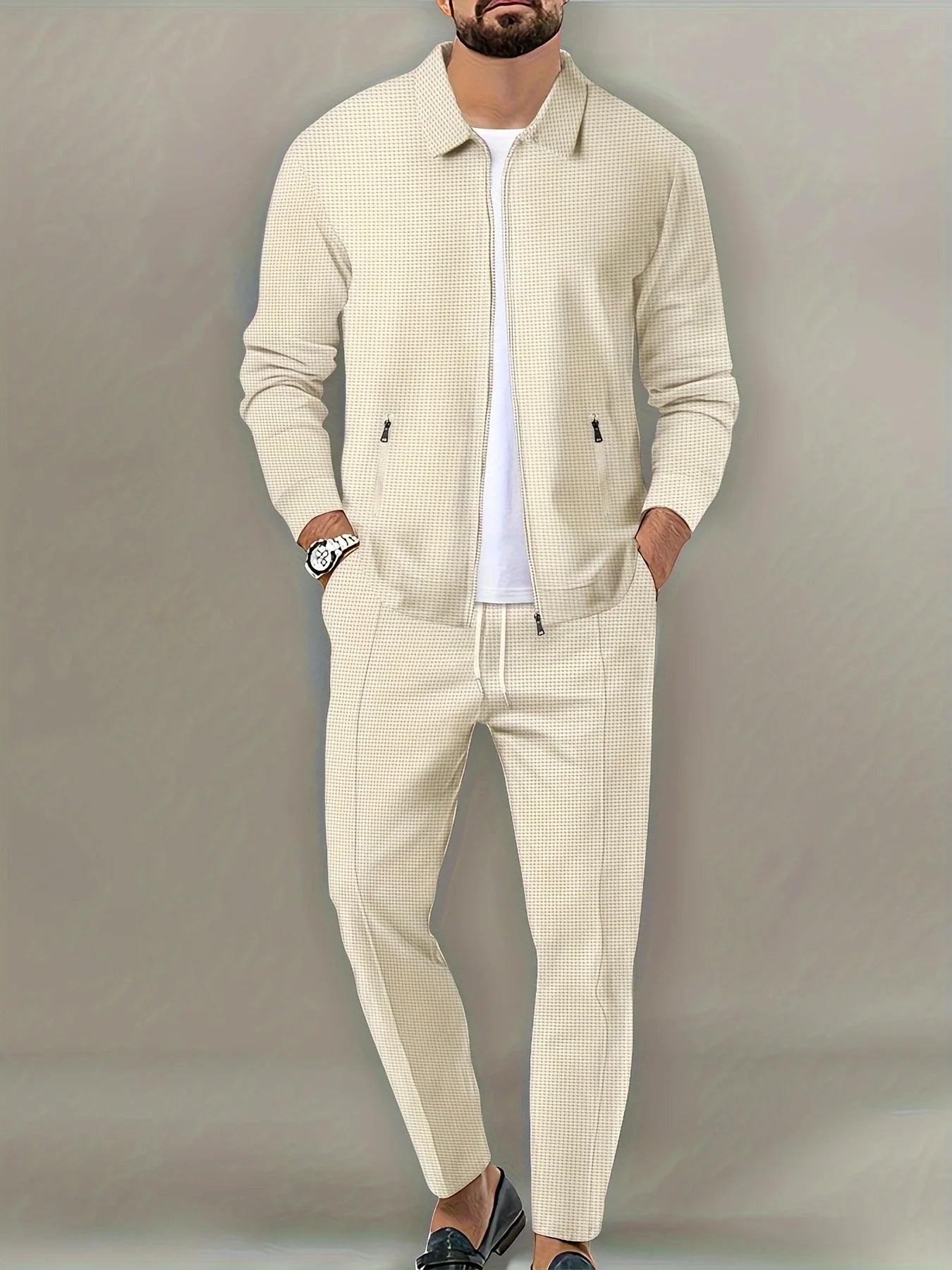 Men's Slim Fit Jacket with Zipper Pocket, Long Sleeved Sportswear, Cardigan Jacket Set, Long Pants, Elegant, two-Piece Set