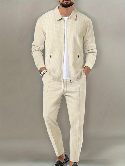 Men's Slim Fit Jacket with Zipper Pocket, Long Sleeved Sportswear, Cardigan Jacket Set, Long Pants, Elegant, two-Piece Set