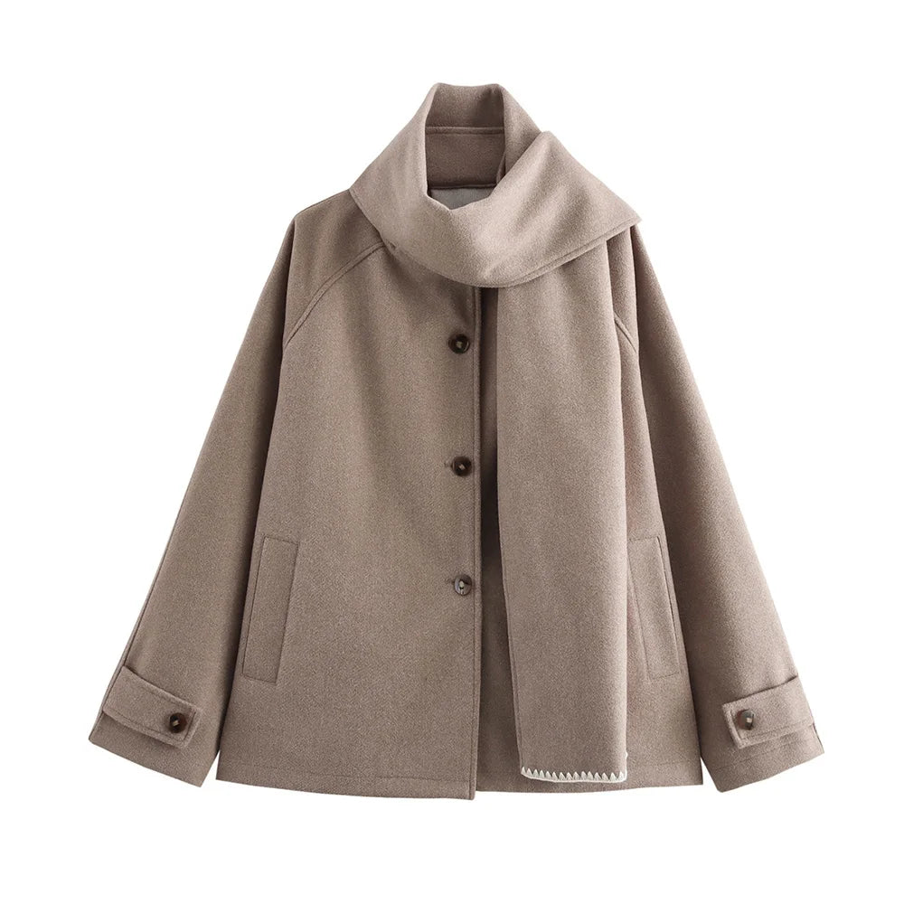 Women Fashion Brown Scarf Coat Jacket Loose Long Sleeve Single Breasted Pocket Jacket Fall/Winter Casual Wool Blend Jacket