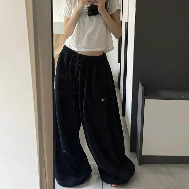 Oversize Cotton Pants Woman Y2K Casual Drawstring Trousers Korean Streetwear High Waist All Match Jogger Pants Grey Sweatpants.