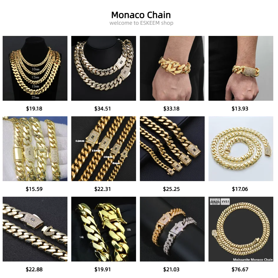 6/8/10/12/15/20mm Monaco Cuban Chain Necklace Hip Hop 14k Gold Plating Cuban Chain Bracelet Hip Hop Jewelry.