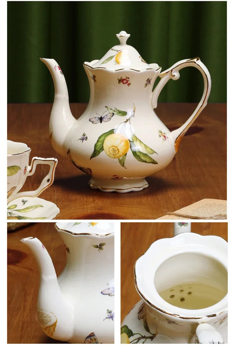 European Style Ceramic Mug Coffee Cup and Saucers Set Lemon Pattern Retro Afternoon tea cup Dessert Plate Teapot Home kettle.