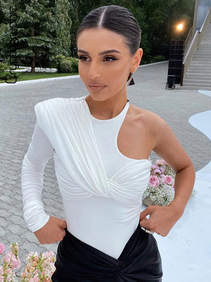 Cryptographic One Shoulder Sexy Backless Twist Bodysuits Women Long Sleeve Top Slim High Waist Bodysuit Club Party Streetwear.