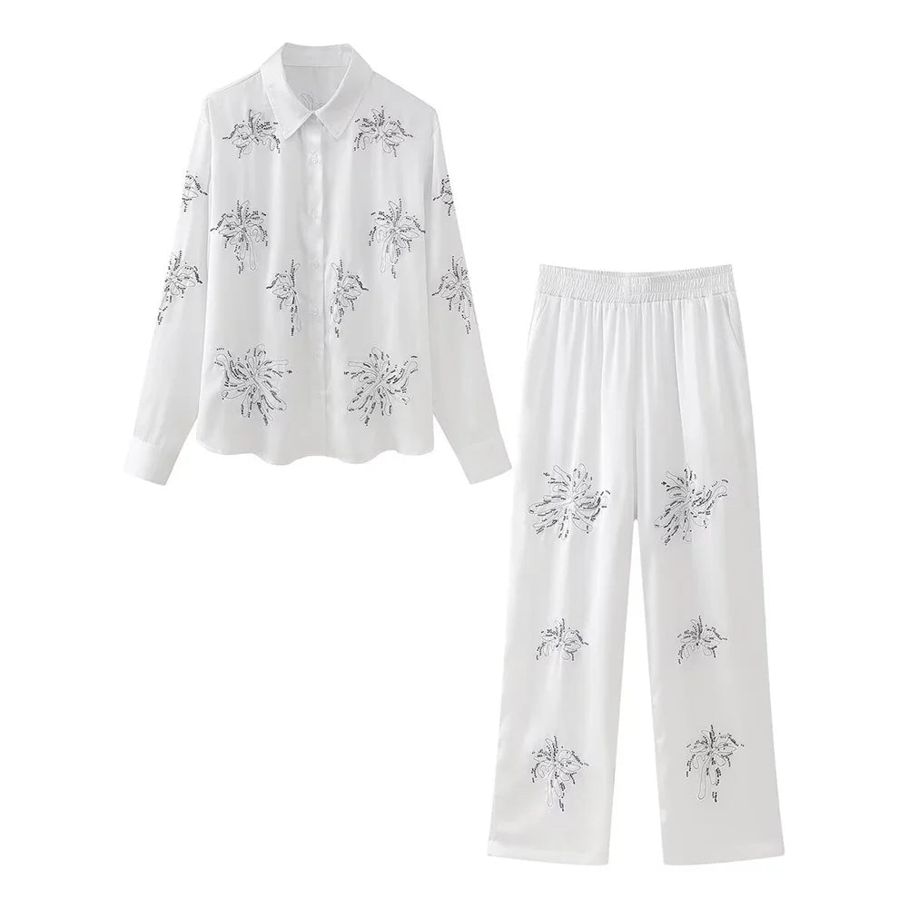 Summer New Product Women's Style Flip Collar with Beaded Embroidered Shirt, High Waist Straight Leg Pants Set