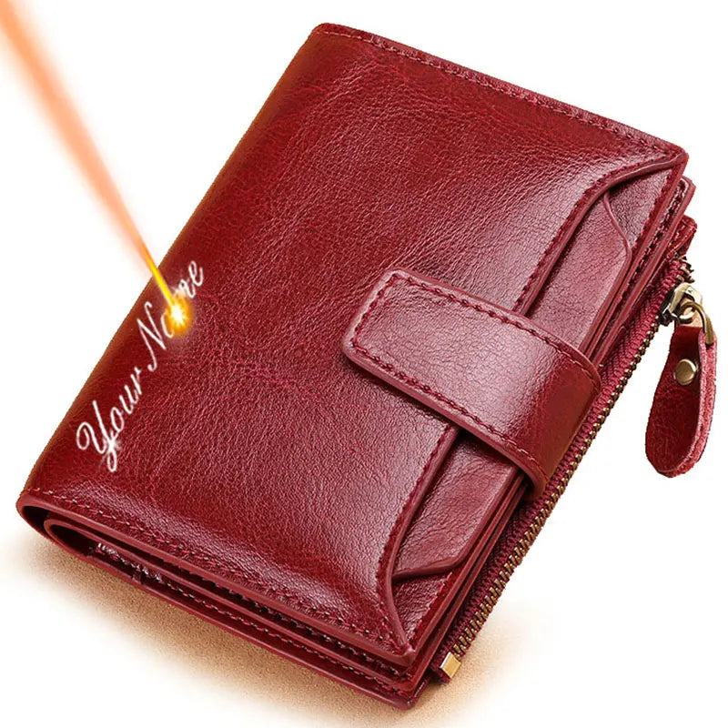 2024 New Short Women Wallets Genuine Leather Zipper Coin Pocket Women Purse Name Engraved Quality Card Holder Kpop Female Wallet.