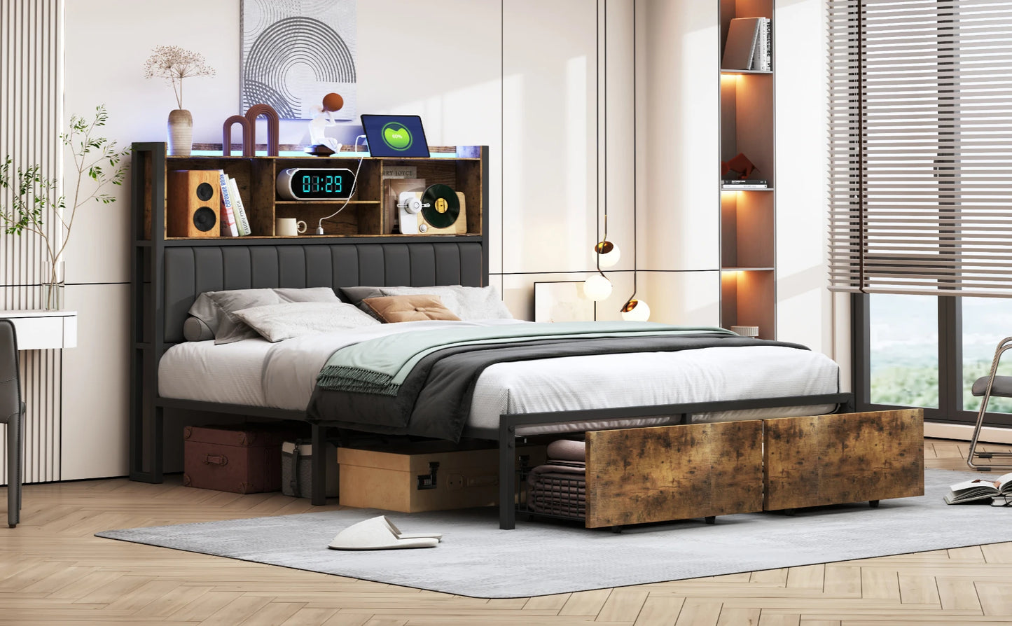 Lazyspace Bettgestell mit Schubladen 140 x 200 cm, gepolstertes Bett mit Lattenrost, Doppelbett mit LED-Kopfteil, Lattenrost aus Metall