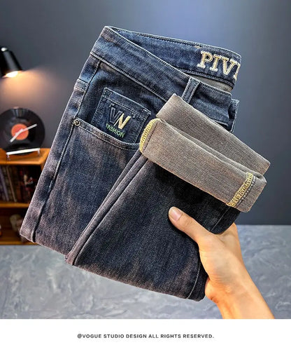 Men's Slim Straight Jeans Fashion Korean Autumn Trousers Comfortable Elastic Black Blue Fitted Business Casual Denim Pants.
