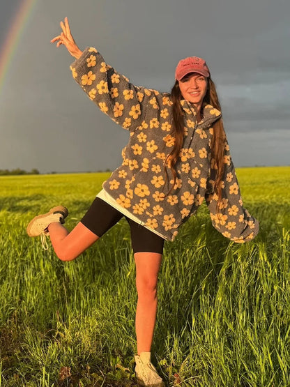 Sumuyoo Autumn Winter Women's Sherpa Floral Pullover Hoodies Half Zip Style Loose Fit Warm Stylish New Sweatshirt