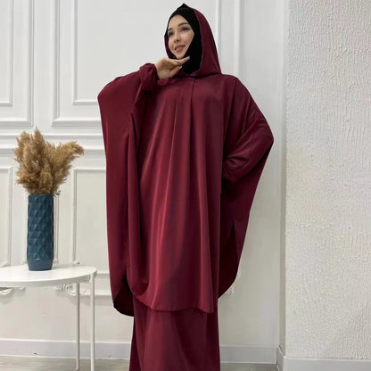 Eid Hooded Abaya 2 Piece Set Long Hijab Khimar Muslim Women Dress Prayer Jilbab Ramadan Gown Abayas Skirt Sets Islamic Clothes.