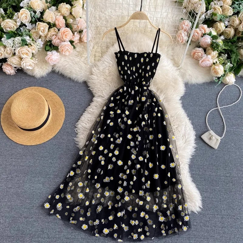 Frauen Kleid 2023 Neue Sommer Mode Fee Mesh Party Kleid Koreanische Pop Floral Print Urlaub Strand Kleid Streetwear Sommerkleid.