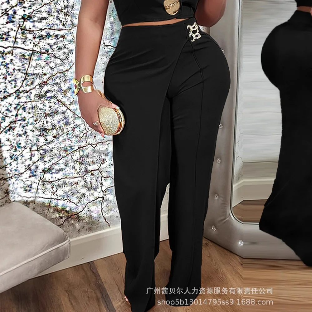 Two Pieces Women Pant Sets Casual Matching Sets Spliced Sleeveless Turn Down Collar Top Empire Waist Wide Leg Pant 2025 Autumn.