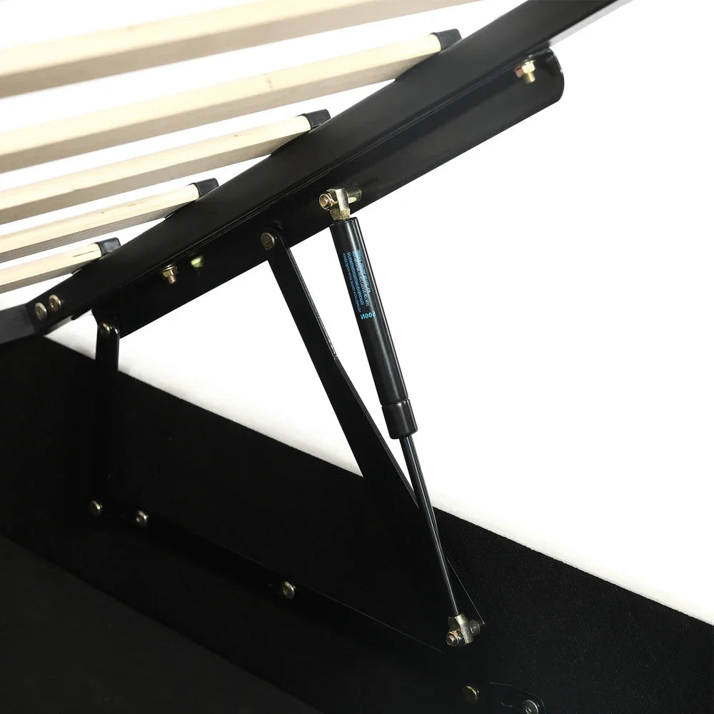 Polsterbett, Einzelbett, süßes Katzendesign, hydraulisches Bett mit Stauraum und Gürtelgriffen, stabiler Gitterrost, 90 x 200 cm