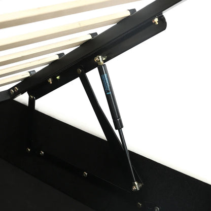 Polsterbett, Einzelbett, süßes Katzendesign, hydraulisches Bett mit Stauraum und Gürtelgriffen, stabiler Gitterrost, 90 x 200 cm