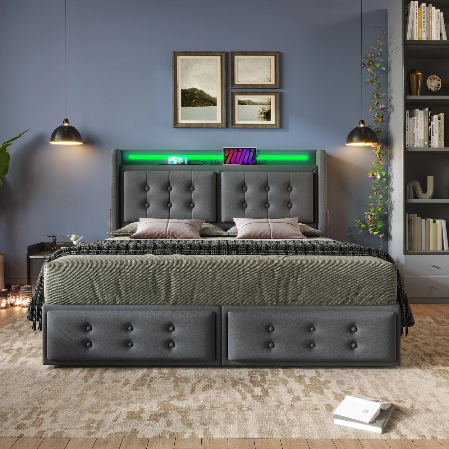 KOMHTOM Doppelbett Baumwolle - LED-Kopfteil, USB C Ladefunktion, 4 Schubladen, ohne Matratze