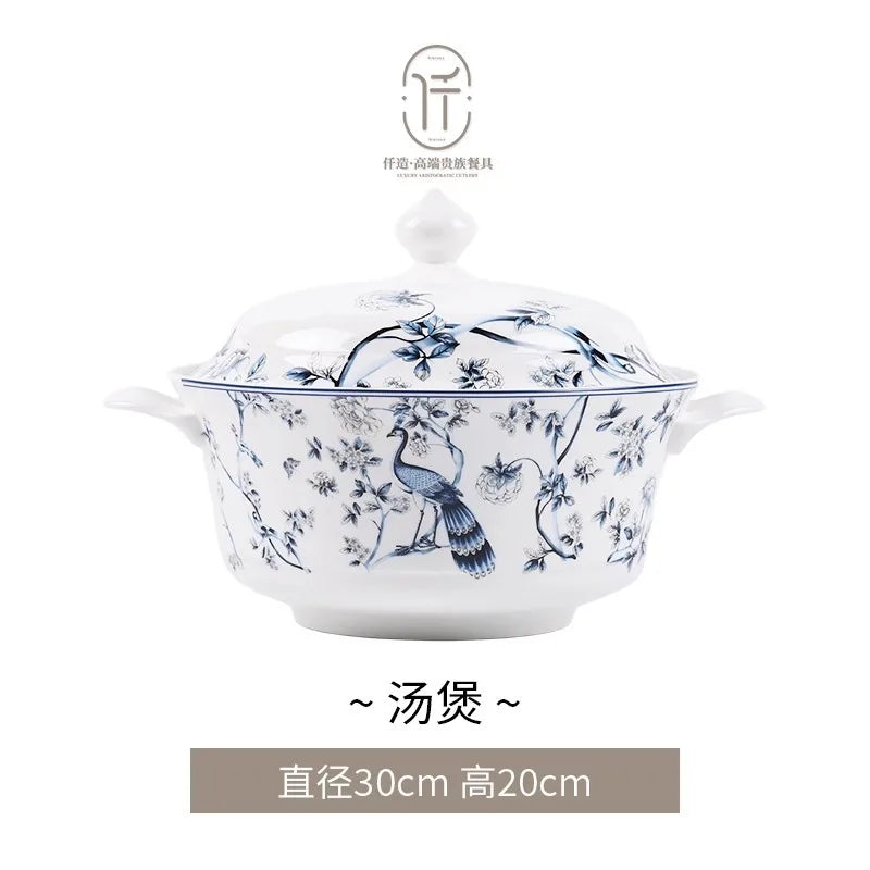 Blue Peacock Bone China Dining Plate Blue and White Kitchen Tableware Flower Ceramic Tableware Home Dining Bar Main Course Plate