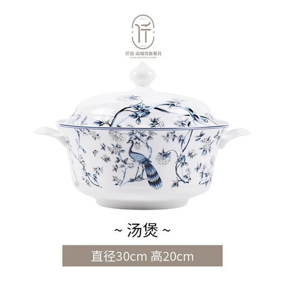Blue Peacock Bone China Dining Plate Blue and White Kitchen Tableware Flower Ceramic Tableware Home Dining Bar Main Course Plate