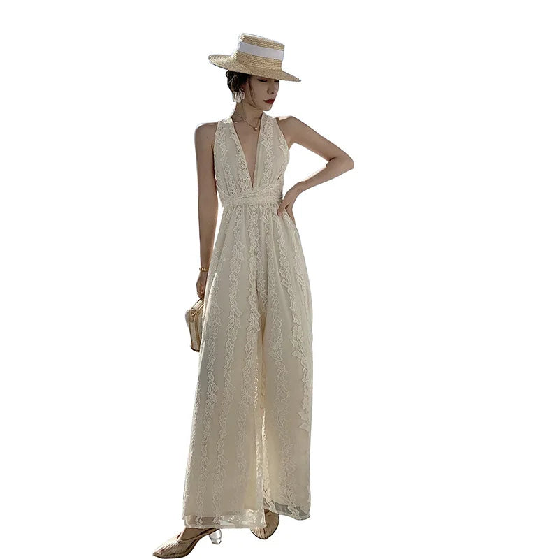 Women Beige Elegant Backless Pleated Lace Jumpsuit Summer V Neck Sleeveless High Waist Wide Leg Long Pant Rompers Sexy Club Chic.