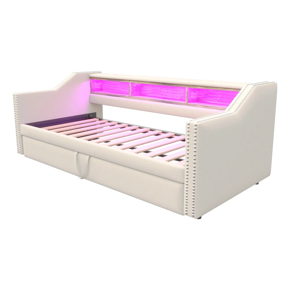 Ausziehbares Schlafsofa 90/180 x 190 cm, multifunktionales Aufbewahrungsfach, LED-Licht und USB-Buchse, mit Gitter, Dunkelgrau