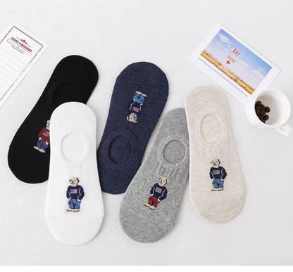 5 Pairs of Super Cute Bear Embroidered Cartoon Bear Boat Socks, Soft and Comfortable, Sweat Wicking and Versatile Short Socks