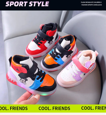 Disney Girls' Causla Shoes PU Leather Mickey Mouse LED Luminescent Children's Sneaker 1-6 Year Old Boys' Sports Casual Shoes.