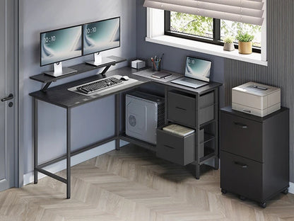 VASAGLE L-förmiger Schreibtisch, 2 geräumige Schubladen, Computertisch mit Monitorständer, Eckschreibtisch