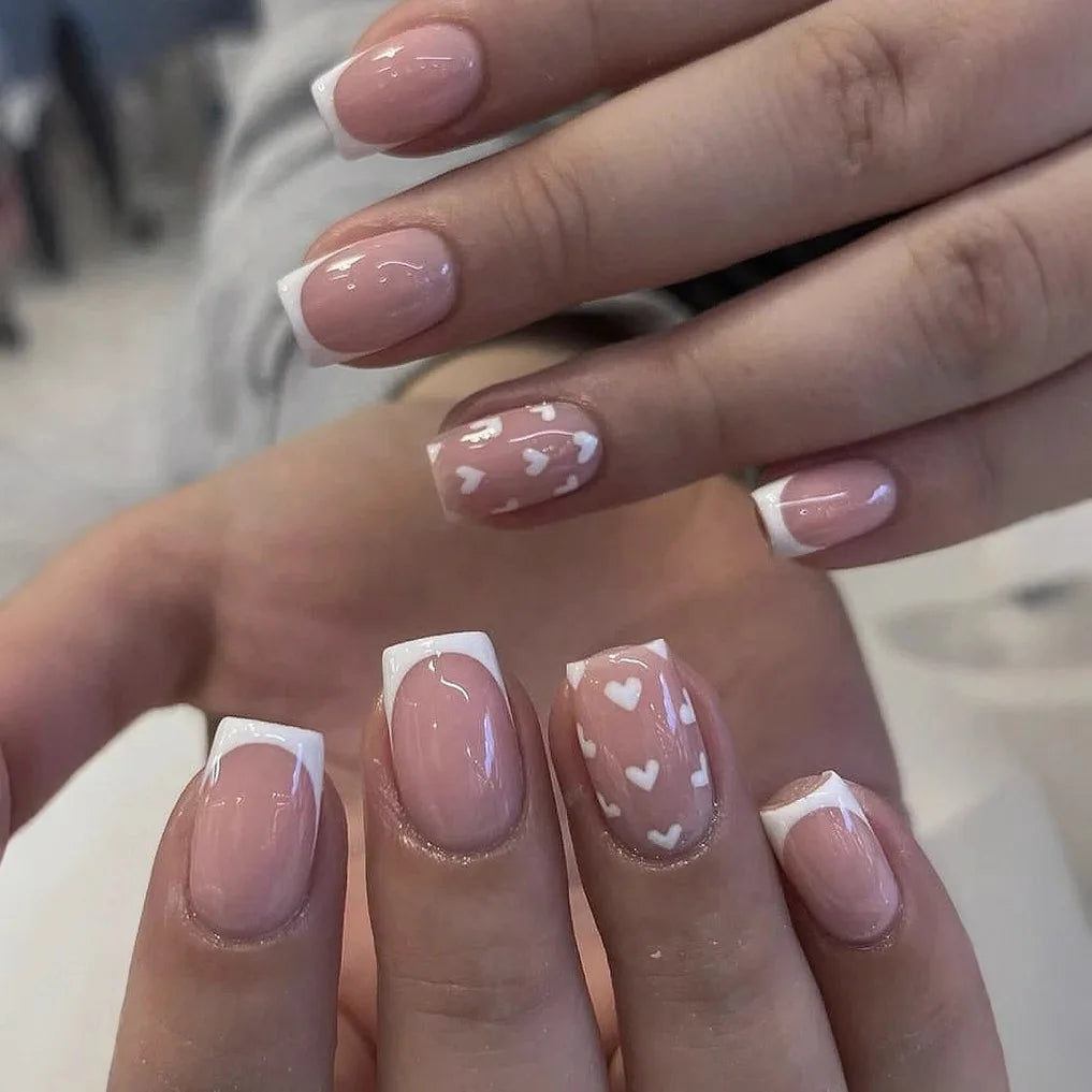 24Pcs Nude Color Fake Nails Short Square Head Press on Nails White Heart Printed Valentine's Day Full Cover False Nails Tips.