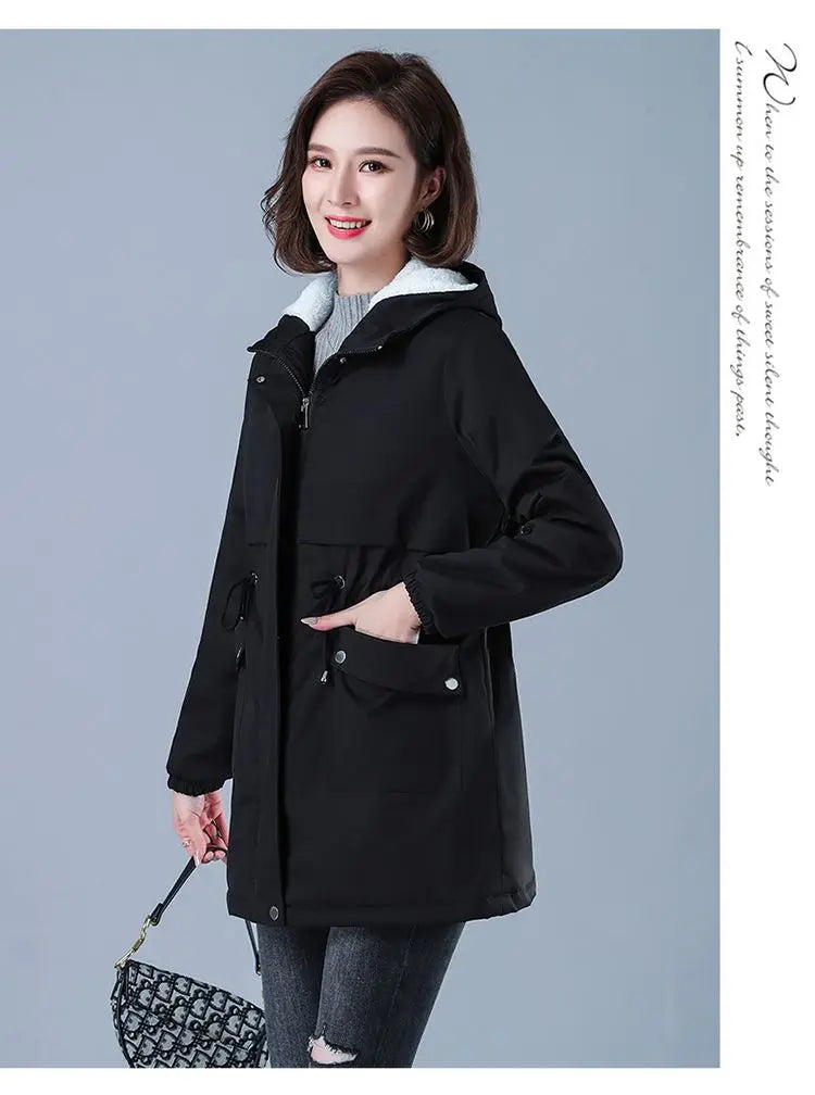 Fleece-gefütterte Kapuze, Daunenjacke, Wintermantel für Damen, warme, mit Kordelzug gepolsterte Parkas, mittellanger Mantel, Streetwear, gepolsterte Kleidung.